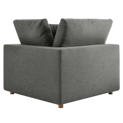 Gray fabric two-piece sectional sofa set with a boxy profile, two back cushions and short wooden legs, modern lounge seating.