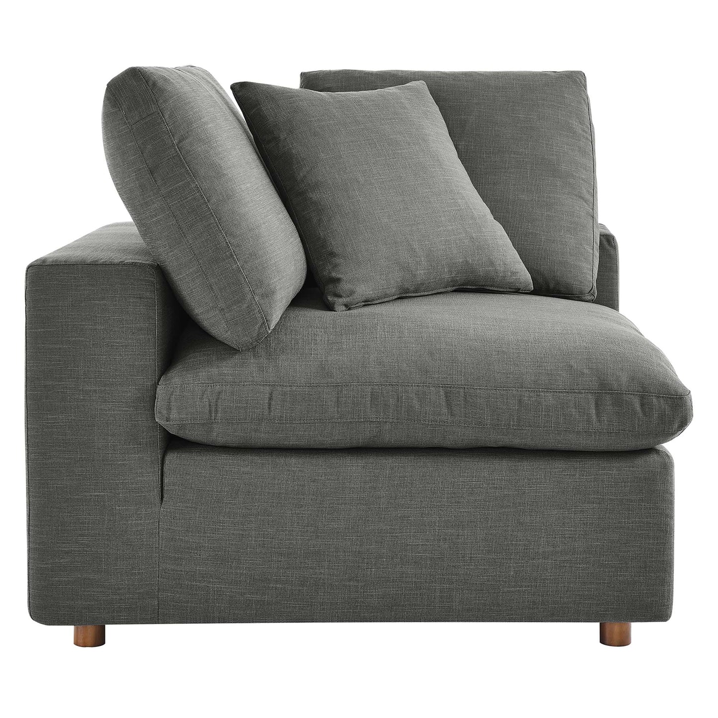 Grey textured fabric sectional sofa set (2-piece) with overstuffed cushions, square arms and wooden legs.