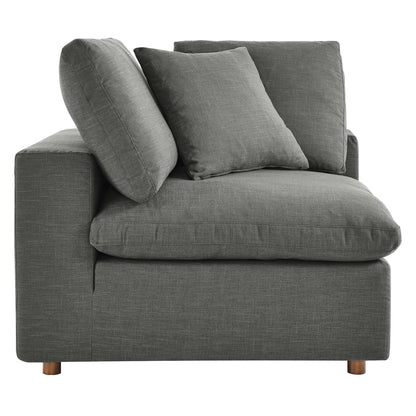 Grey textured fabric sectional sofa set (2-piece) with overstuffed cushions, square arms and wooden legs.