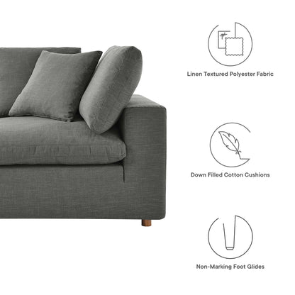Grey 2-piece sectional sofa set with linen-textured polyester fabric, overstuffed down-filled cushions and non-marking foot glides.