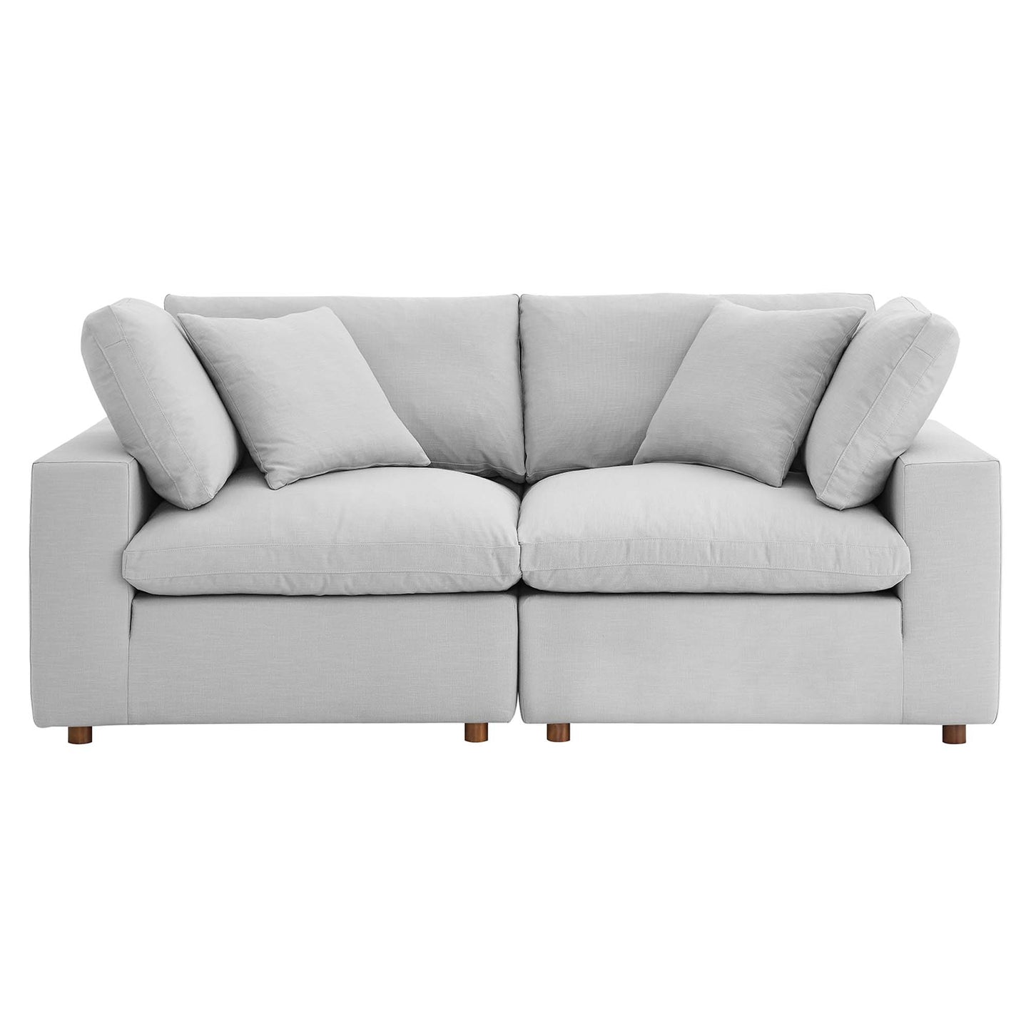 Light gray fabric 2-piece sectional sofa set with loose back cushions, two matching throw pillows, and short wooden legs.