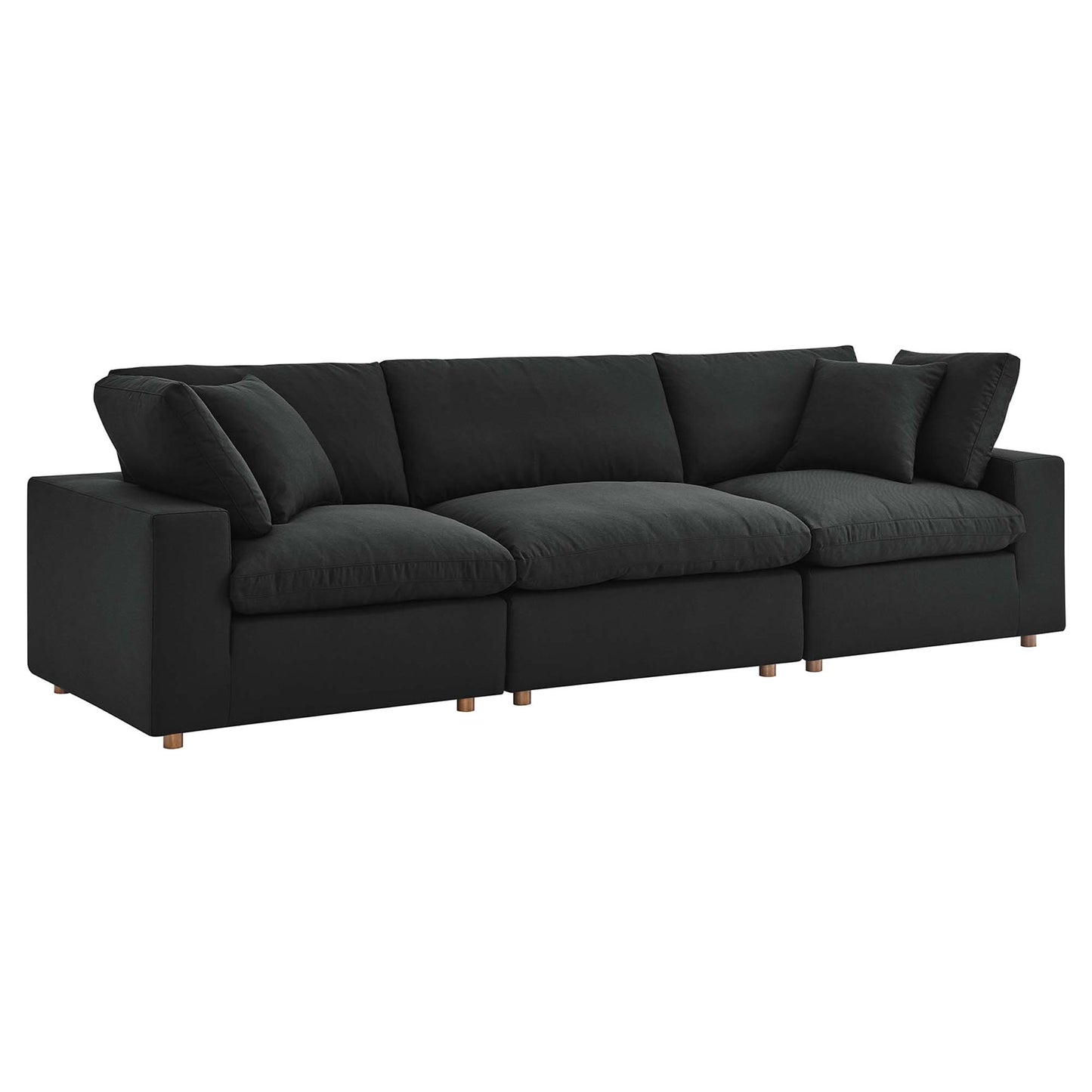 Black fabric upholstered sectional sofa set with low-profile arms and wooden bun feet, modern modular design.