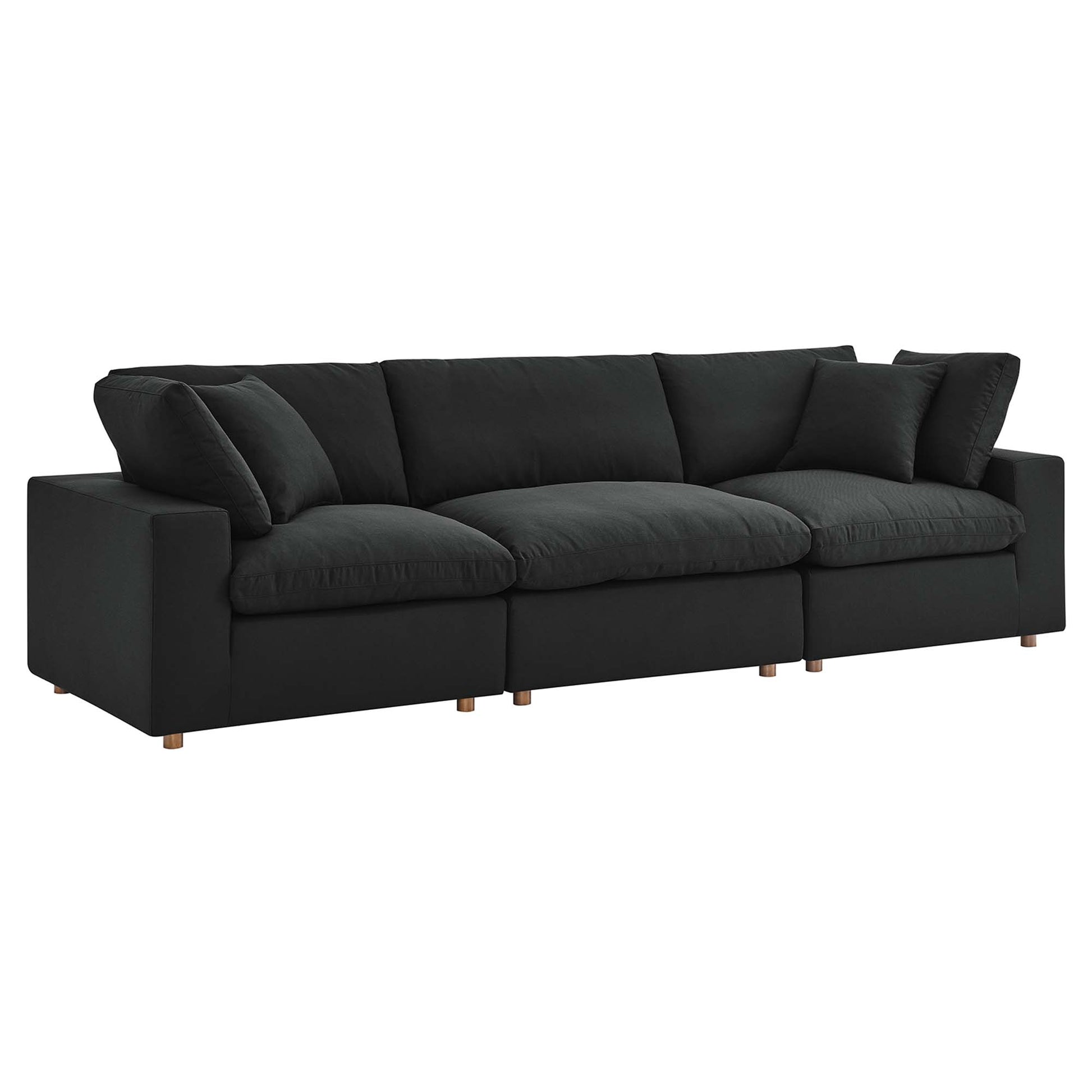 Black fabric upholstered sectional sofa set with low-profile arms and wooden bun feet, modern modular design.