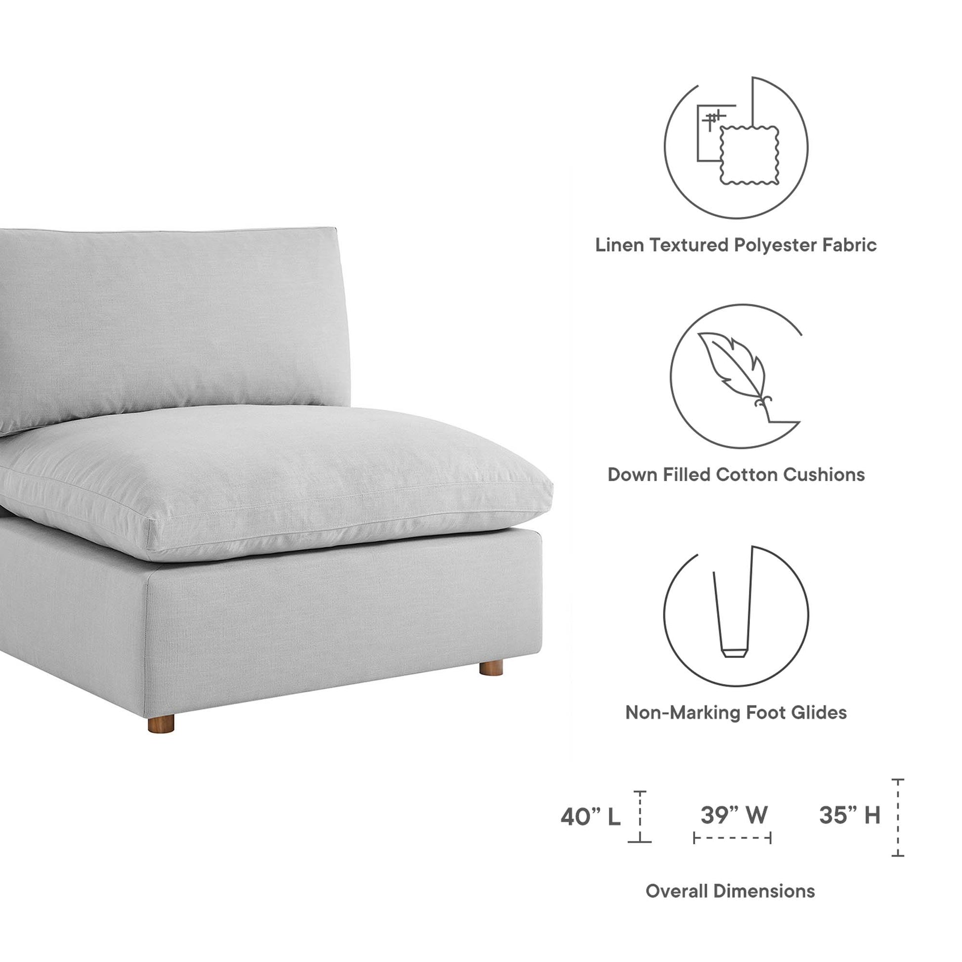 Light gray linen-textured polyester fabric 3-piece sectional sofa set with chaise/ottoman and plush cushions; non-marking glides.