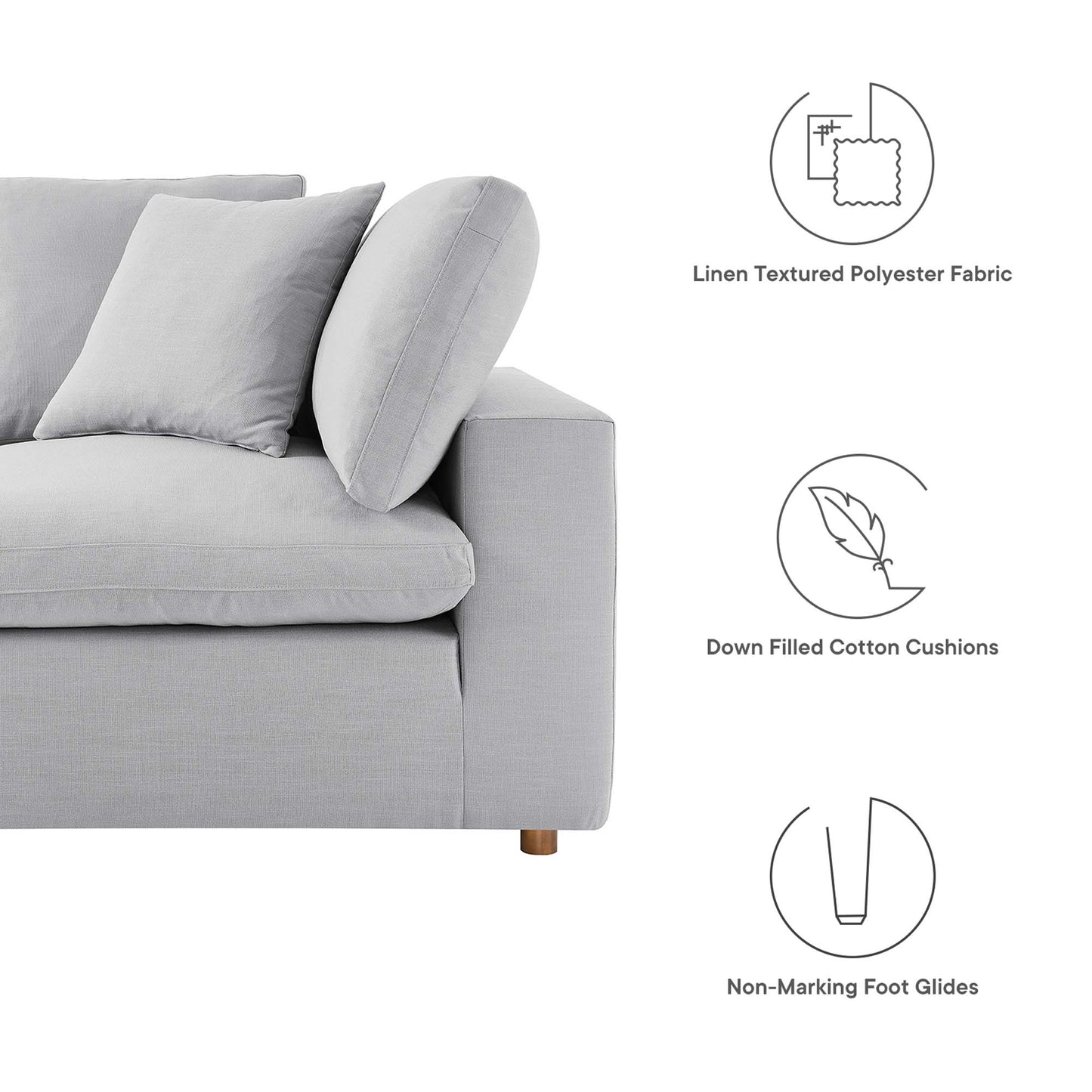 Light gray linen-textured polyester sectional sofa set (3 pieces) with down-filled, overstuffed cushions and non-marking foot glides.