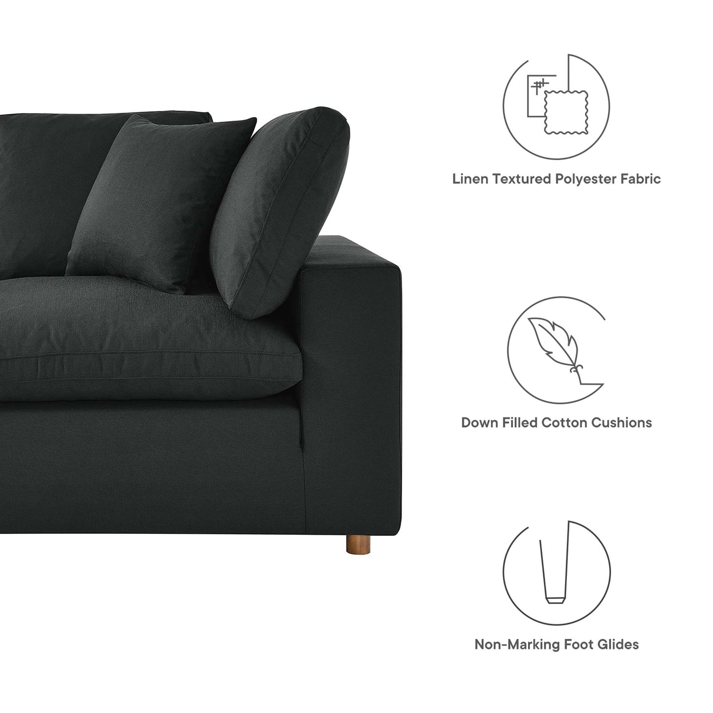 Black linen-textured polyester sectional sofa set (4 pieces) with plush cushions, wooden legs, down-filled cushions, and non-marking foot glides.