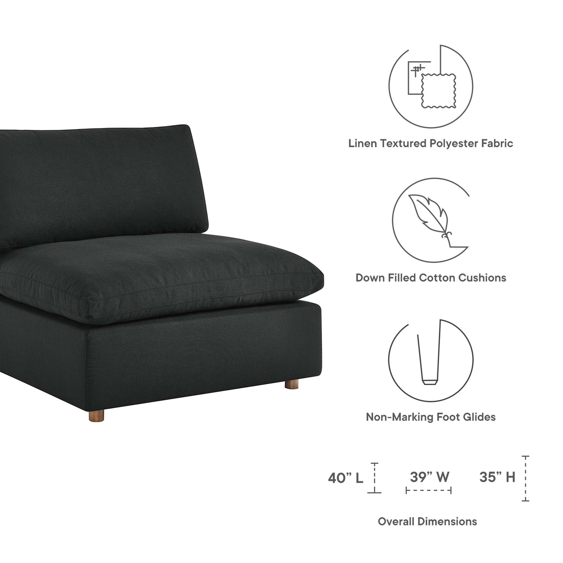 EEI-3356-BLK charcoal 4-piece sectional sofa set in linen-textured polyester fabric with down-filled cushions & wooden legs.