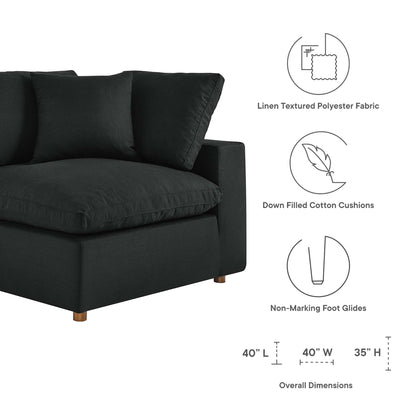 Black 4-piece sectional sofa set with linen-textured polyester fabric & down-filled cushions; non-marking feet; 40" L x 40" W x 35" H.