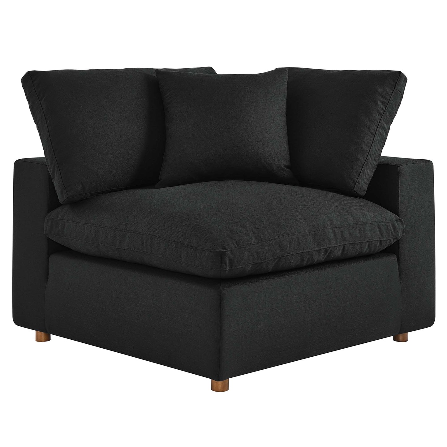 Black fabric sectional sofa set with thick seat cushions, three back cushions, square arms, and short wooden legs.