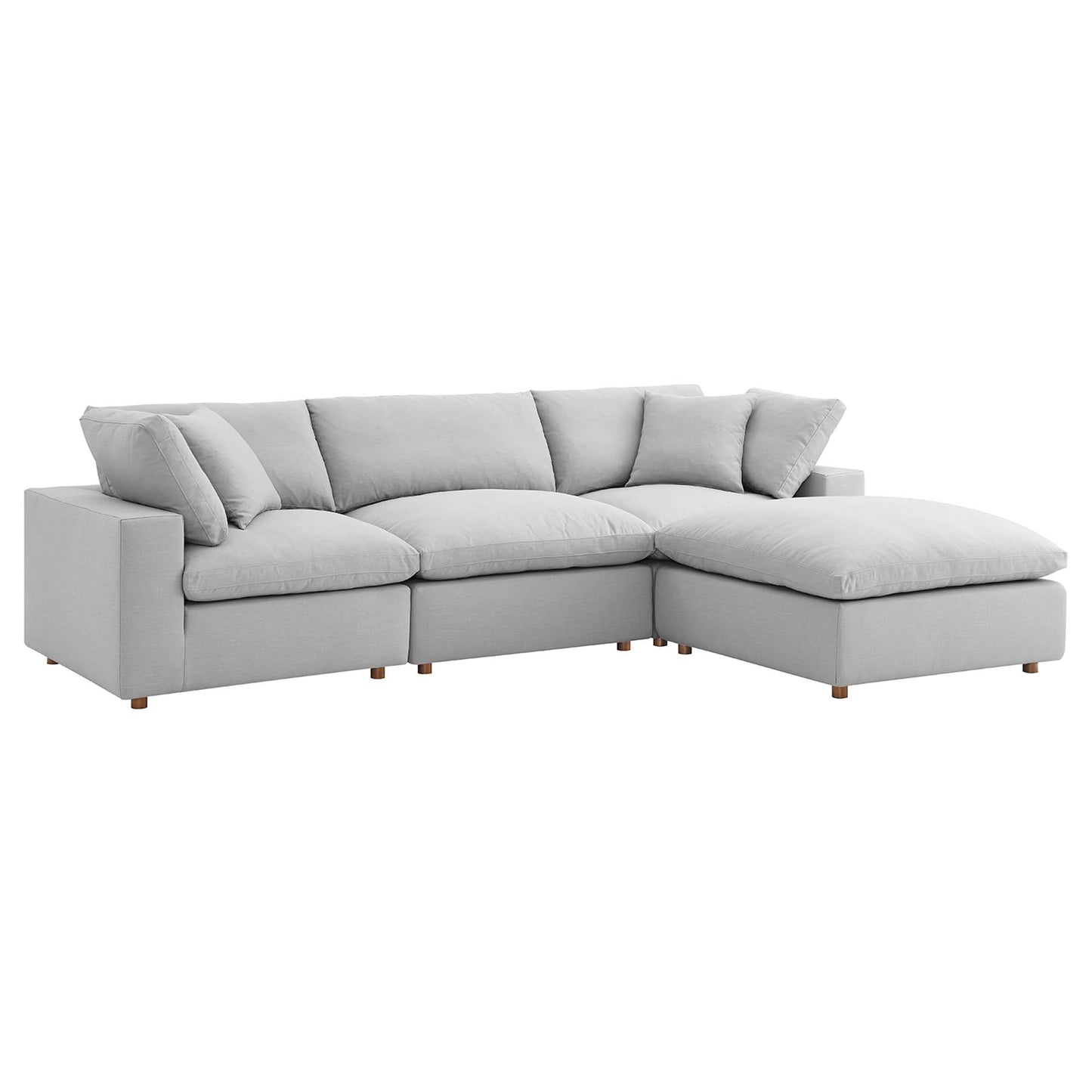 Light gray fabric 4-piece sectional sofa set with chaise, plush cushions, low wooden legs, modern design.