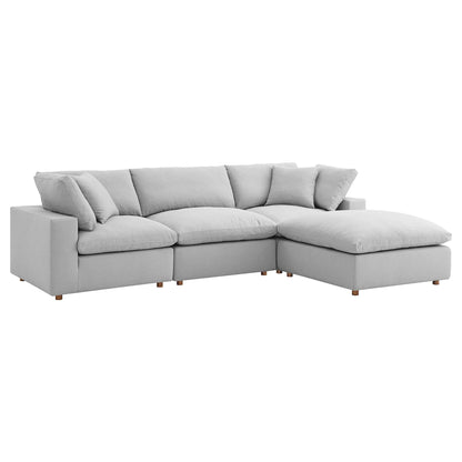Light gray fabric 4-piece sectional sofa set with chaise, plush cushions, low wooden legs, modern design.