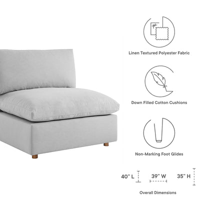 Light gray modular sectional sofa set in linen-textured polyester, with down-filled, overstuffed cushions and non-marking foot glides; 40L x 39W x 35H