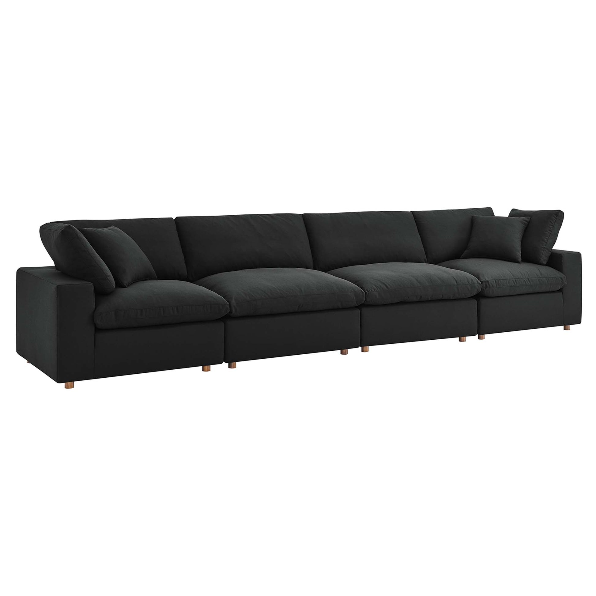 Long black fabric sectional sofa with multiple cushioned seats, square arms and short wooden legs.