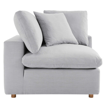 Light gray fabric 4-piece sectional sofa set with down-filled, overstuffed cushions and short wooden feet.