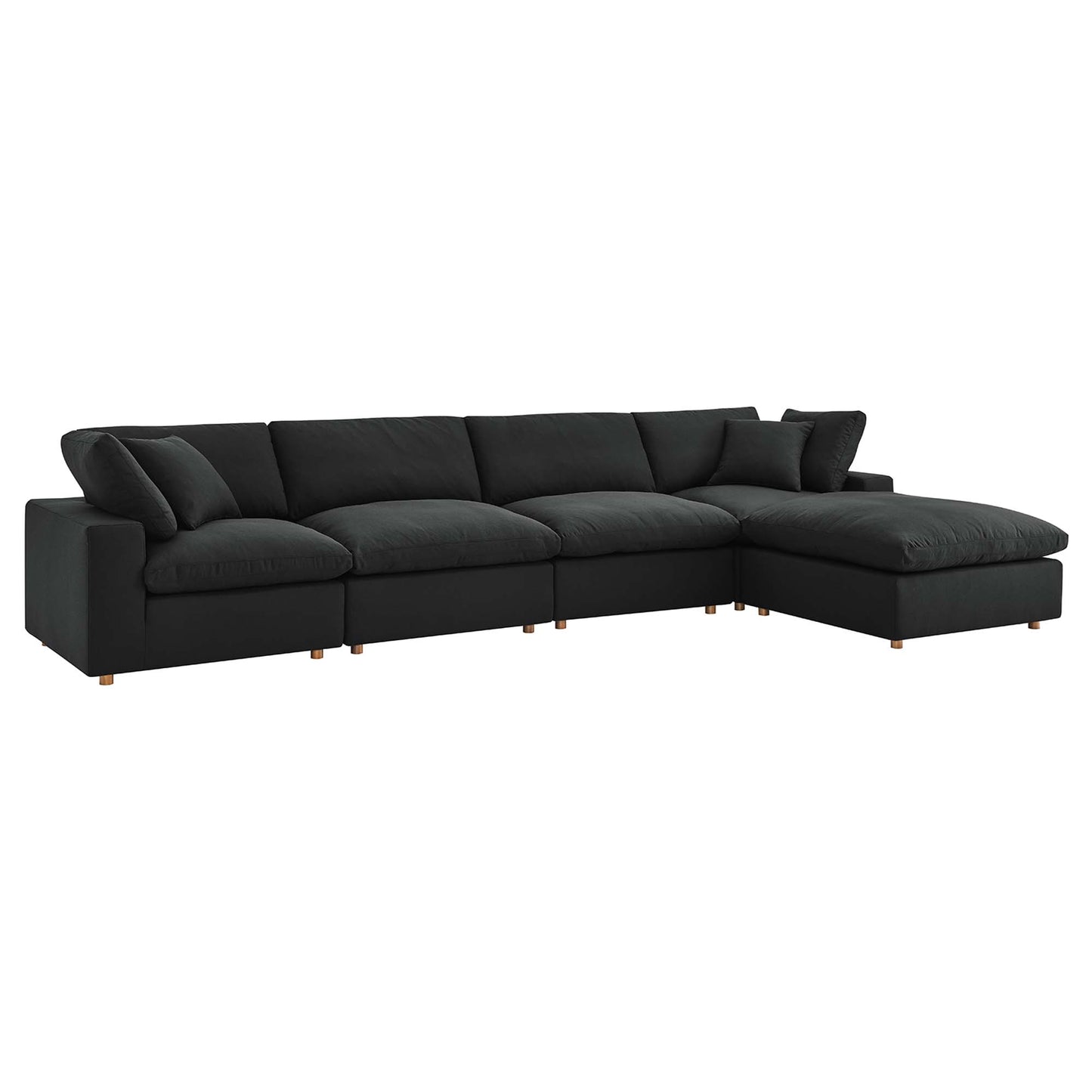 Charcoal fabric sectional sofa with right-side chaise, plush cushions, and light wood legs.