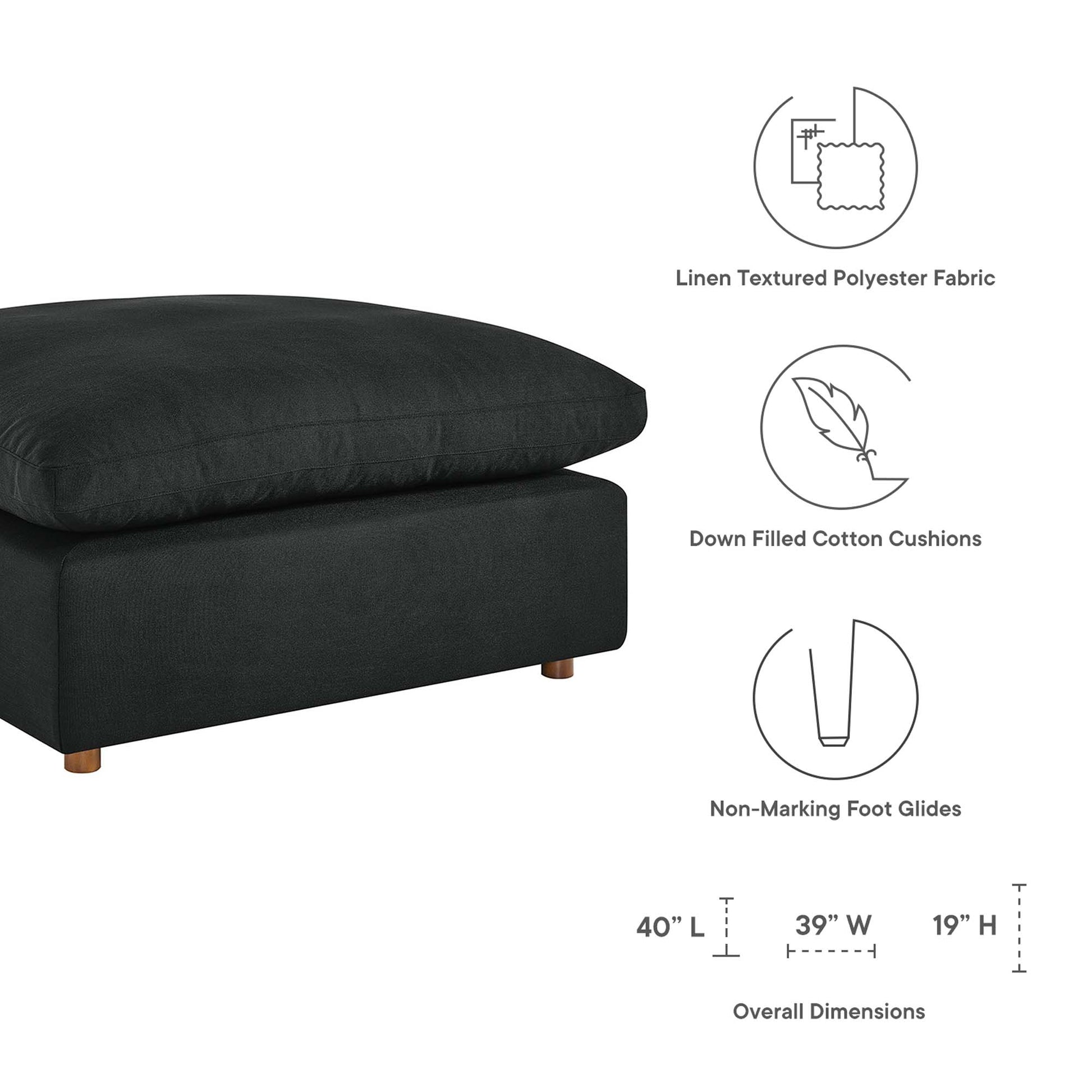 Black 5-piece sectional sofa set with down-filled overstuffed cushions, linen-textured polyester upholstery, and wooden feet.