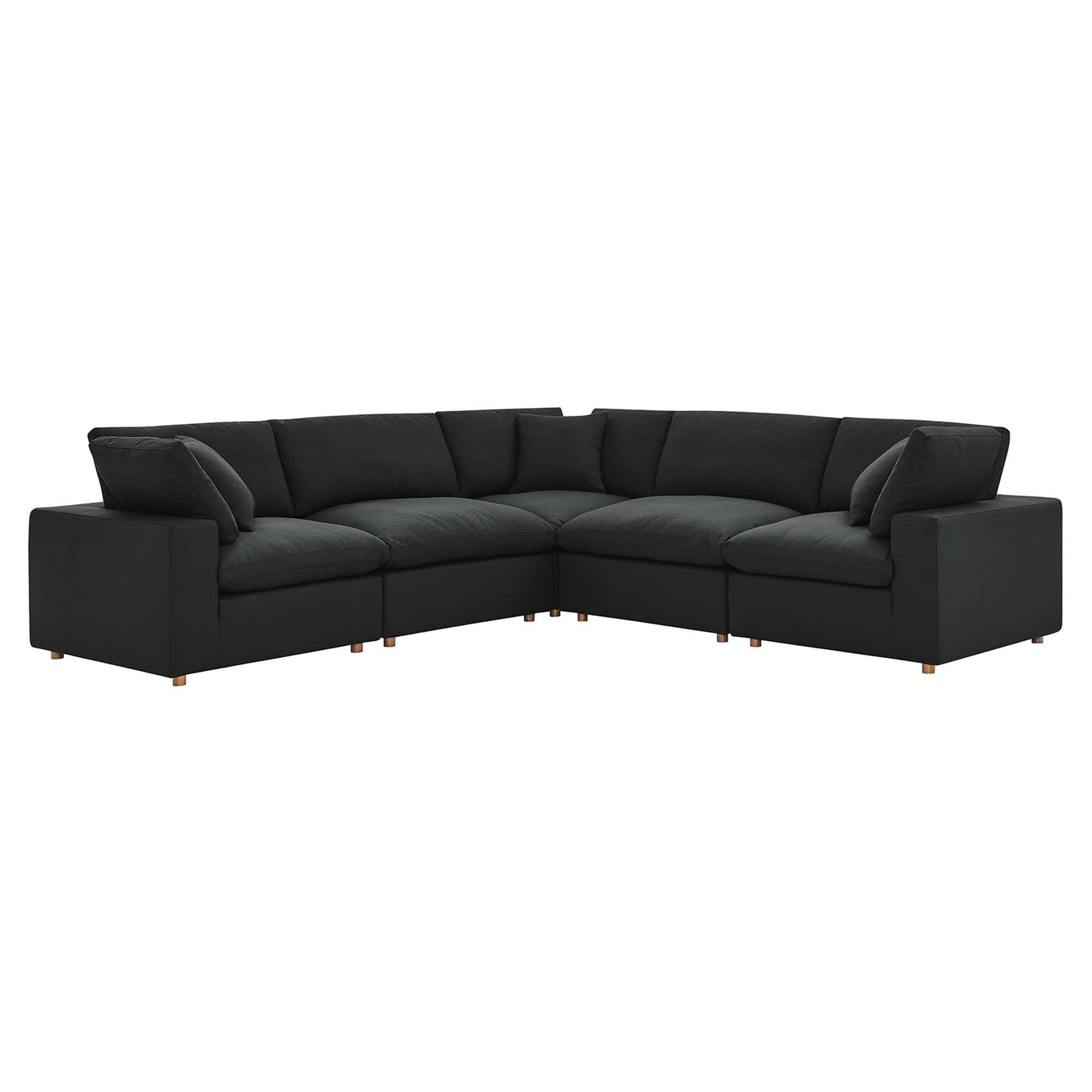 Black fabric sectional sofa in an L-shaped layout with plush cushions and light wood legs.