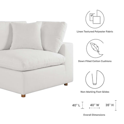 White sofa with linen-textured polyester fabric, down-filled cushions, non-marking feet; 40" L x 40" W x 35" H.