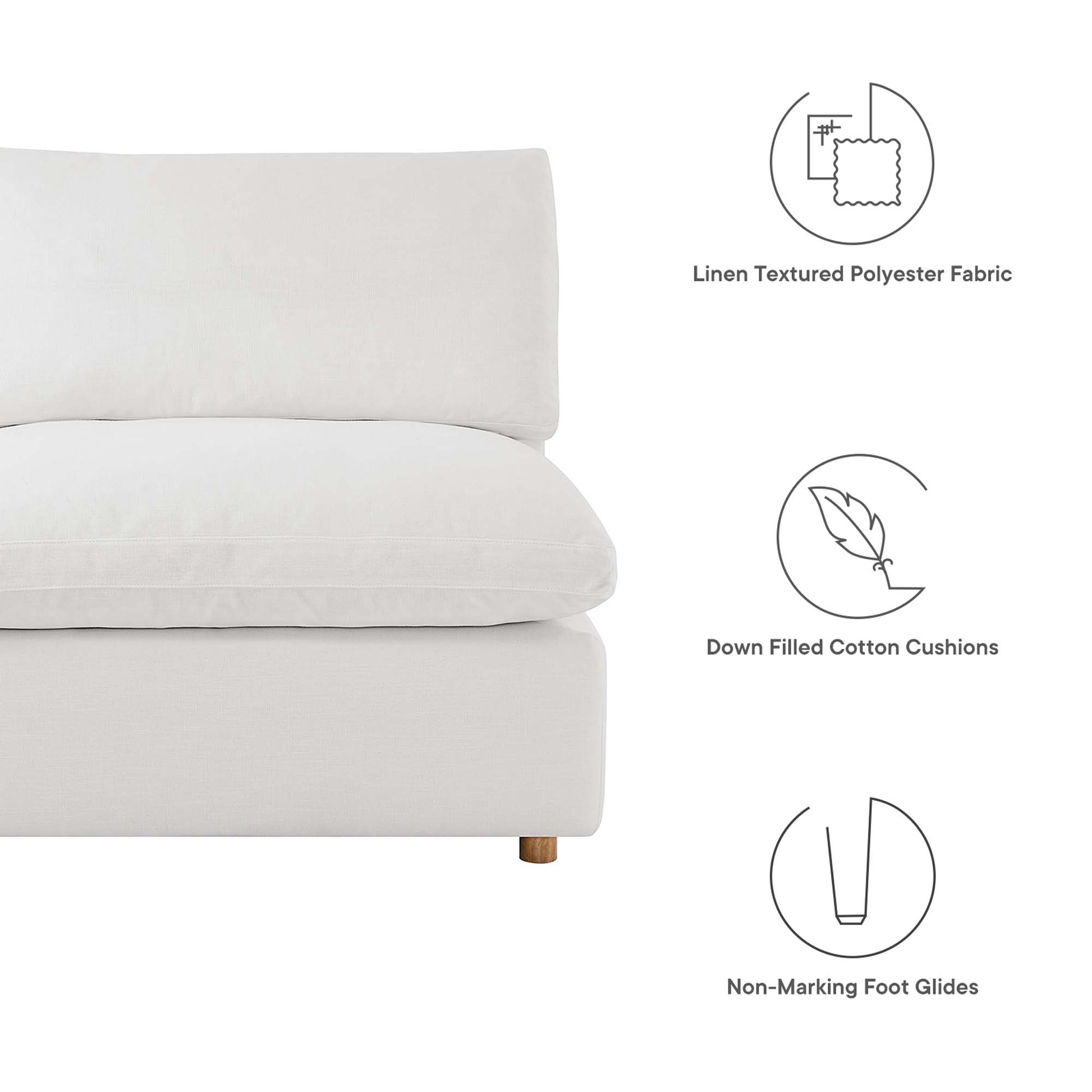 Cream linen-textured polyester sofa with down-filled cotton cushions, wooden legs, and non-marking foot glides.