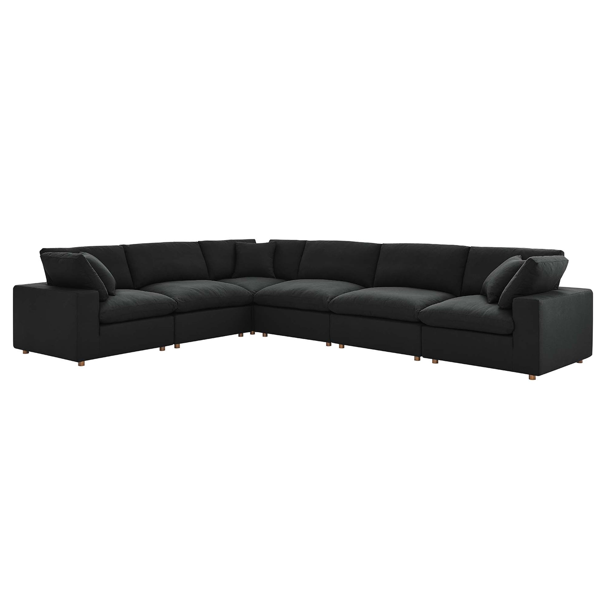Black fabric L-shaped sectional sofa with plush cushions and natural wooden legs.