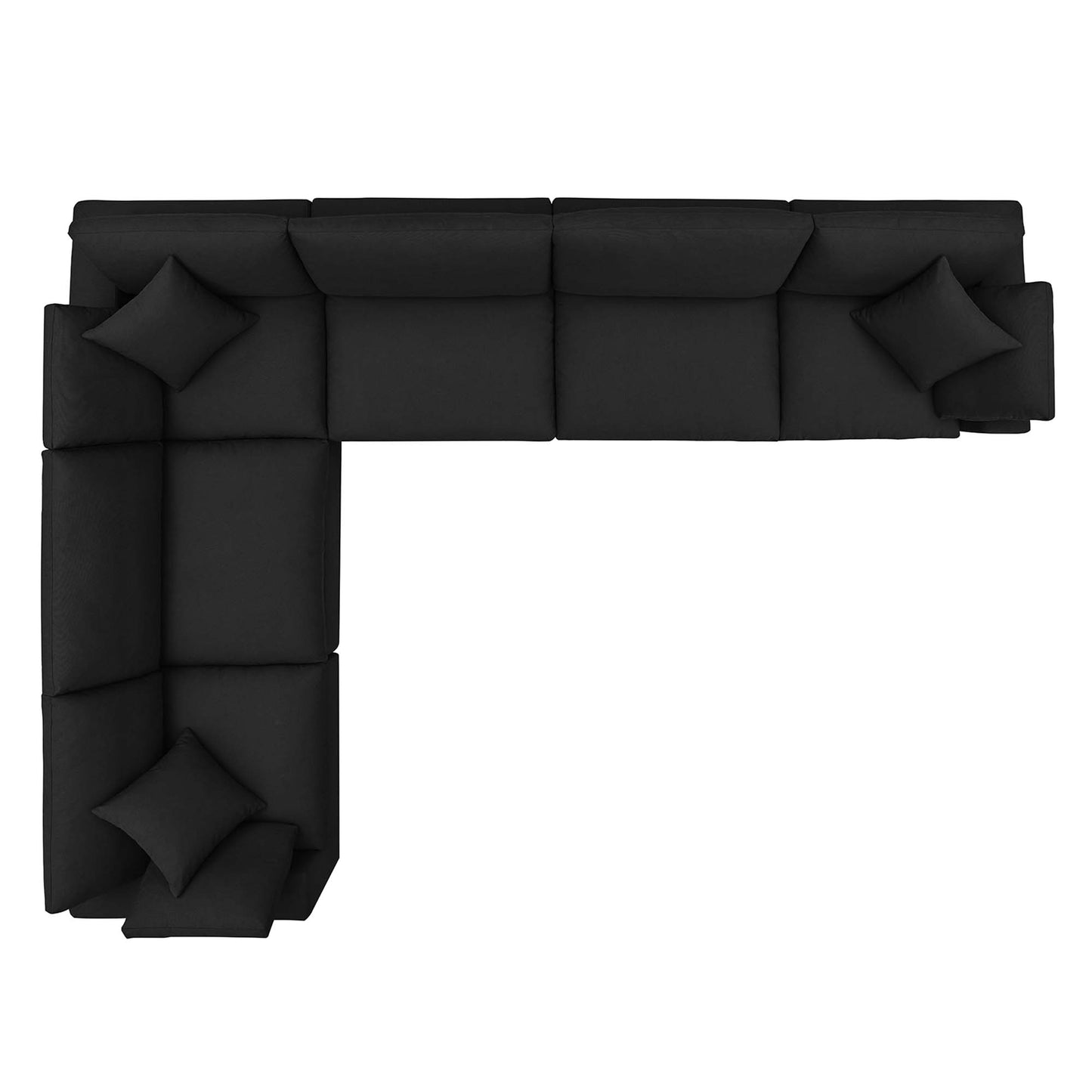 Black fabric L-shaped sectional sofa with chaise on left, cushy square cushions and throw pillows.
