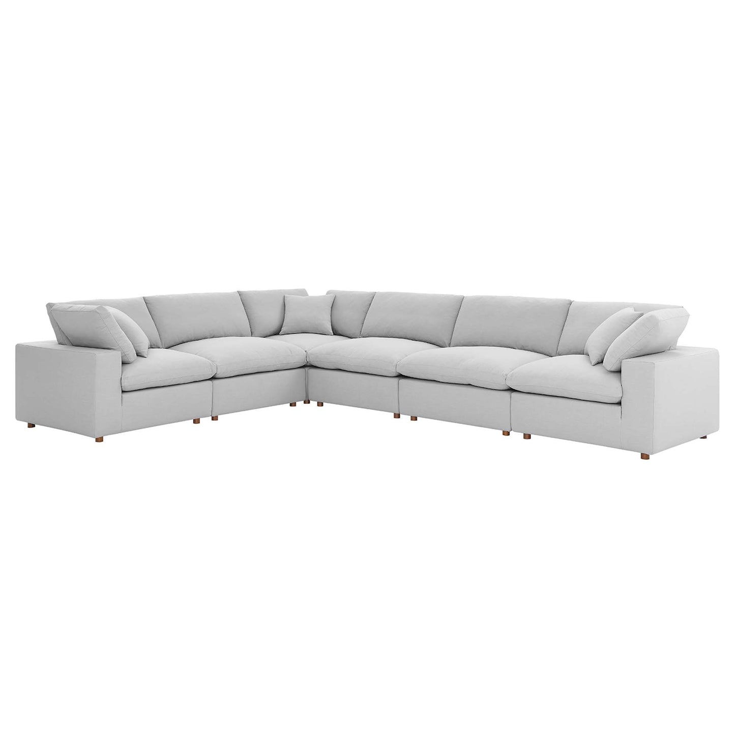 Light gray fabric 6-piece sectional sofa set in an L-shaped configuration with low arms, plush cushions, and wooden dowel legs.
