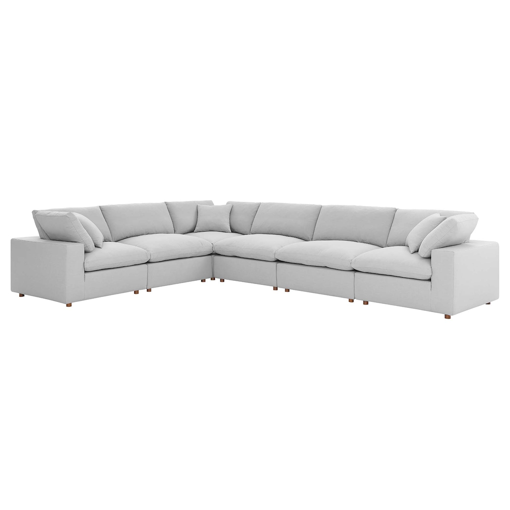Light gray fabric 6-piece sectional sofa set in an L-shaped configuration with low arms, plush cushions, and wooden dowel legs.