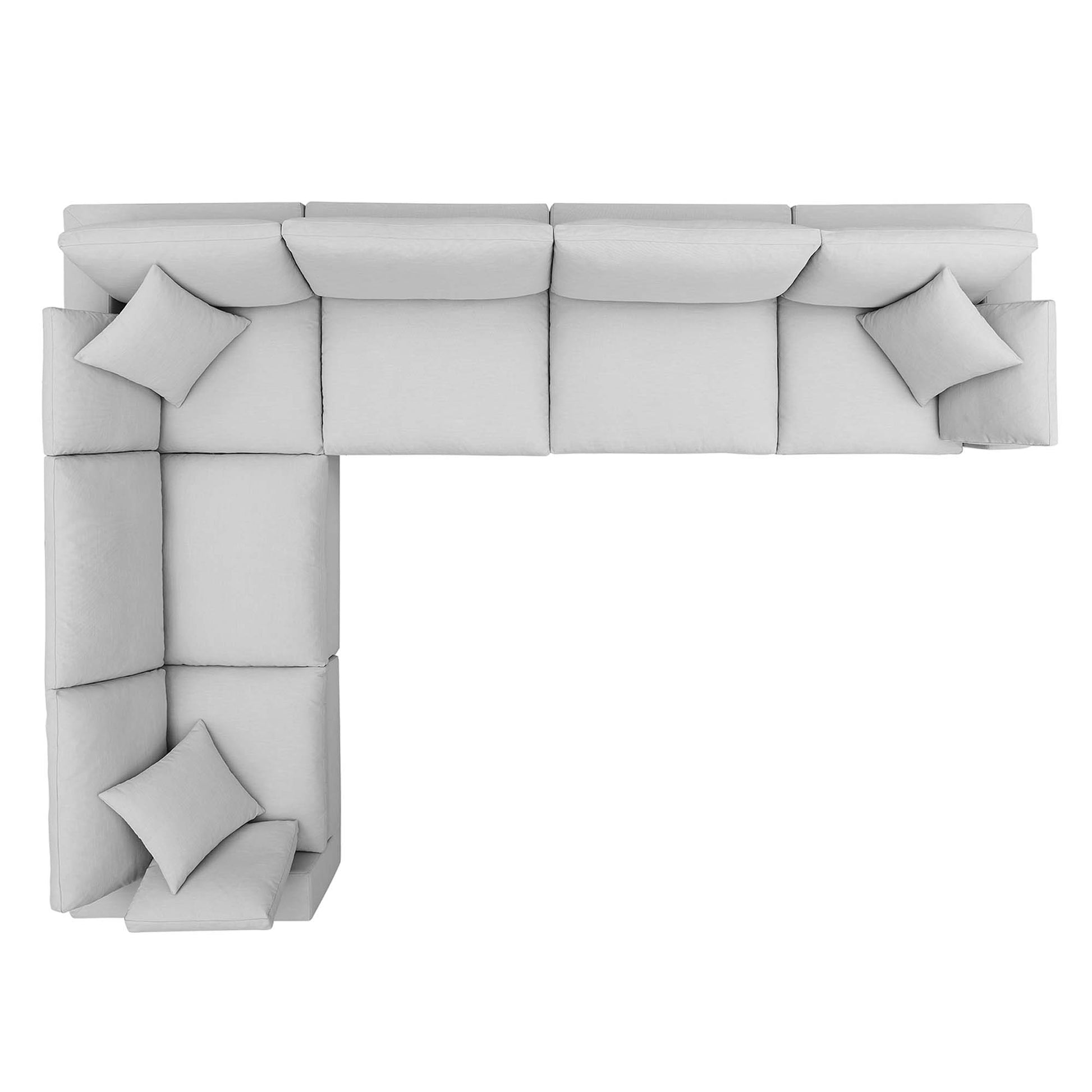 Light gray fabric modular 6-piece sectional sofa in an L-shaped layout with multiple cushions and throw pillows.