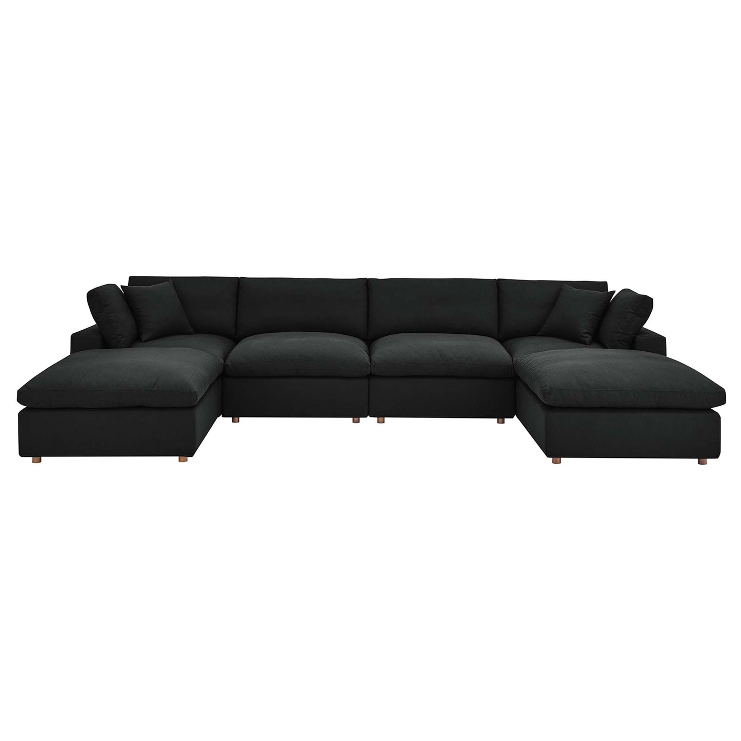 Charcoal black modular sectional sofa with plush cushions, low back, fabric upholstery and wooden legs; chaise on both ends.