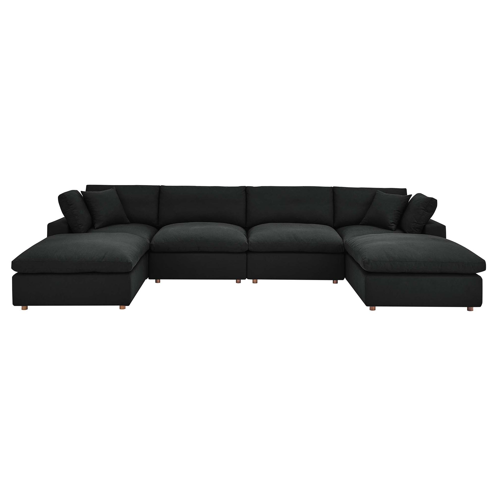 Charcoal black modular sectional sofa with plush cushions, low back, fabric upholstery and wooden legs; chaise on both ends.