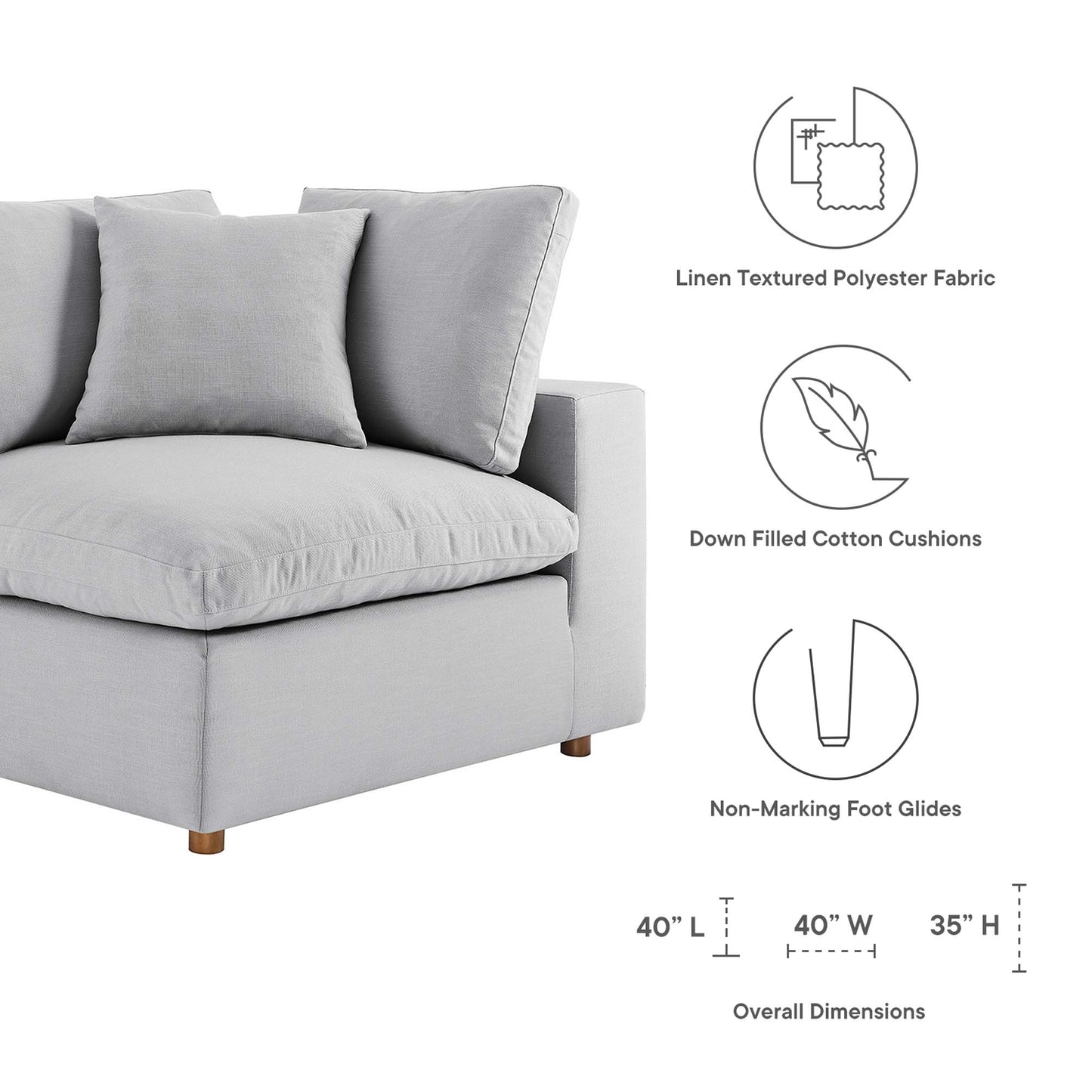Light gray linen-textured polyester sectional sofa with down-filled, overstuffed cushions and wooden feet, compact modern design.