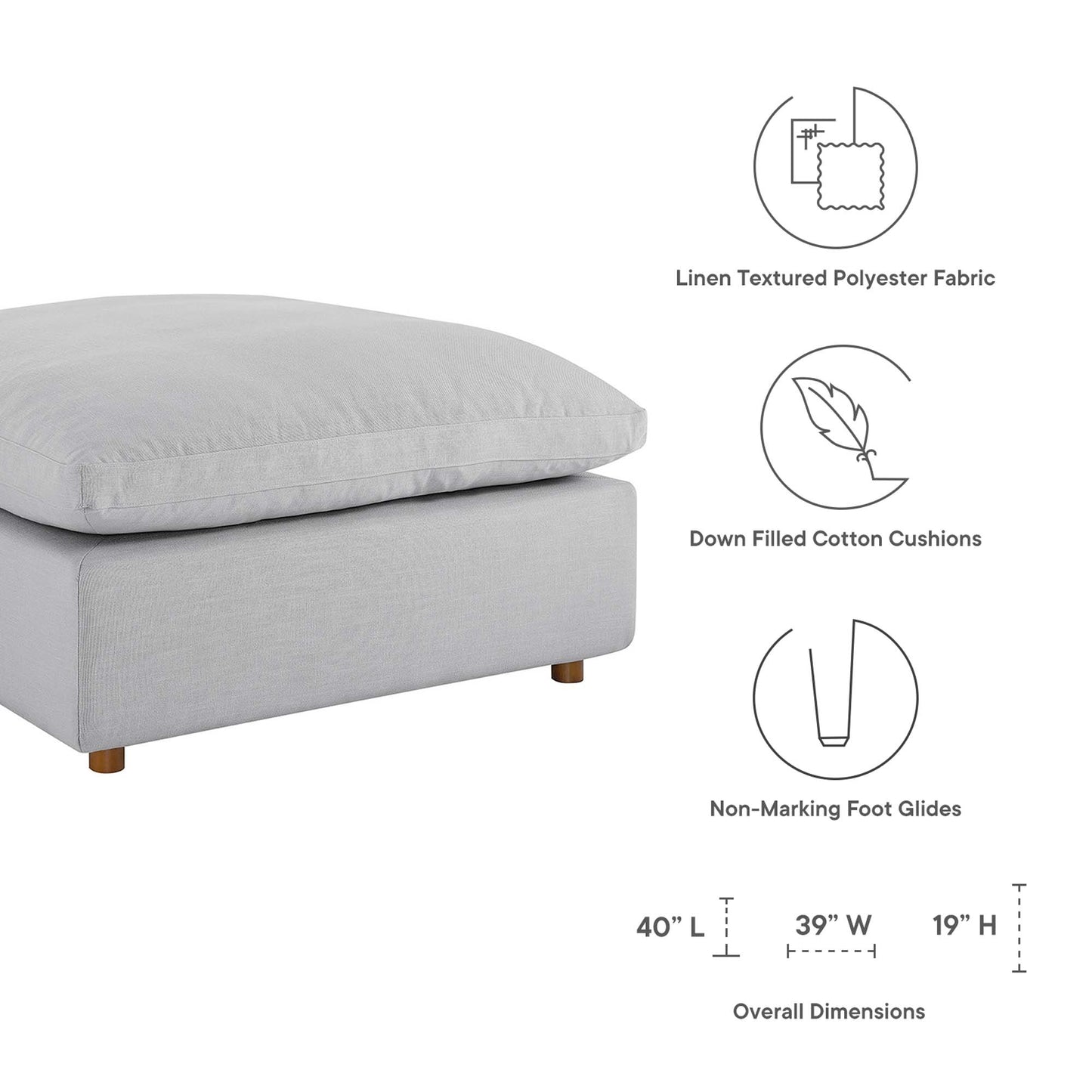 Light gray linen-textured sectional sofa with down-filled cushions on wooden legs; 40" L × 39" W × 19" H