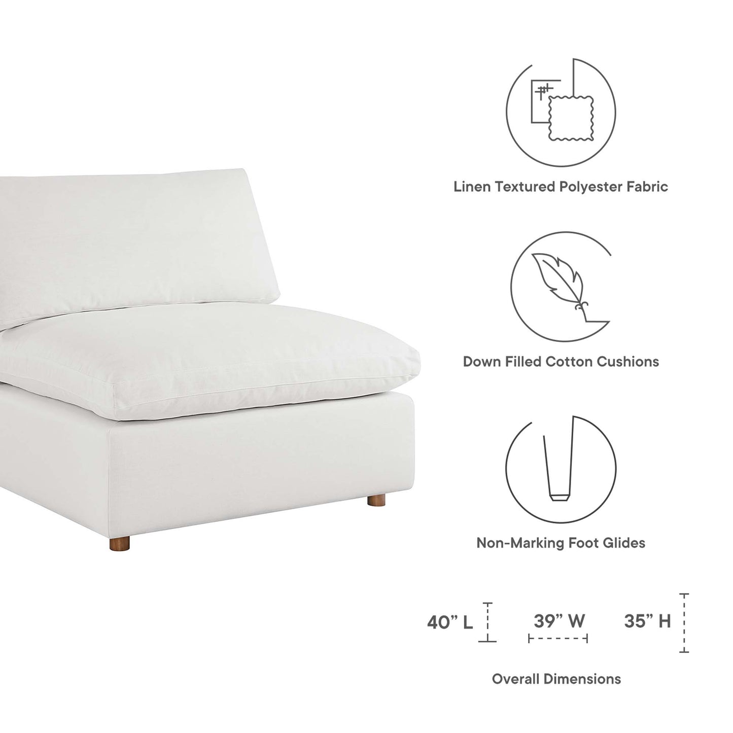 White linen-textured polyester sectional seating with down-filled cushions and non-marking foot glides; 40" L x 39" W x 35" H.
