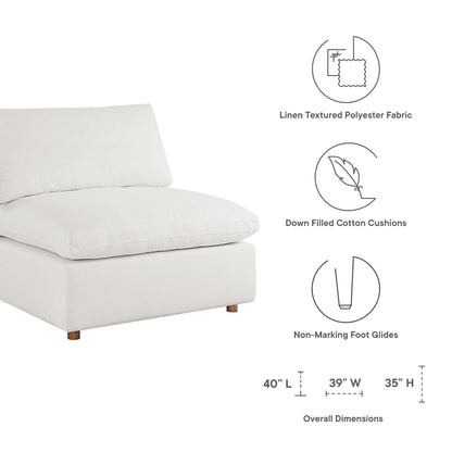 White linen-textured polyester sectional seating with down-filled cushions and non-marking foot glides; 40" L x 39" W x 35" H.