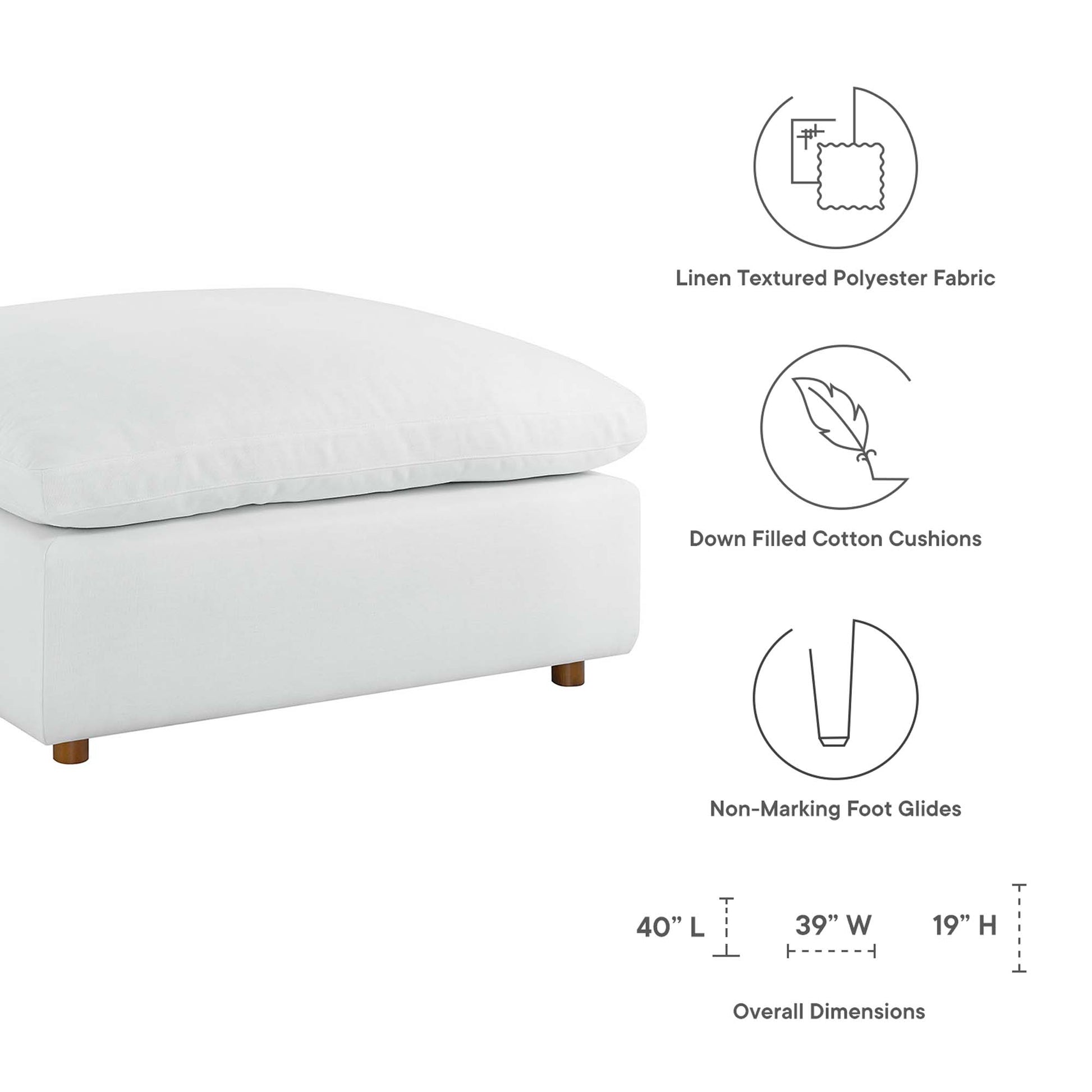 White linen-textured polyester sectional sofa with down-filled cushions and non-marking feet; 40L x 39W x 19H