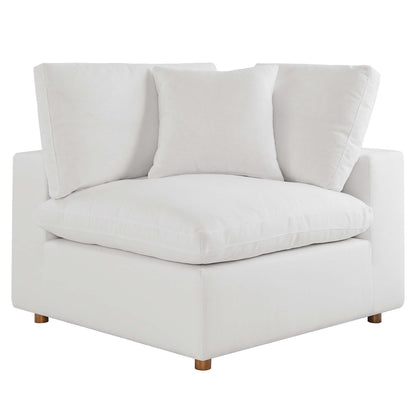 White modern fabric sectional sofa with multiple seating sections, overstuffed cushions, boxy arms and small wooden legs.