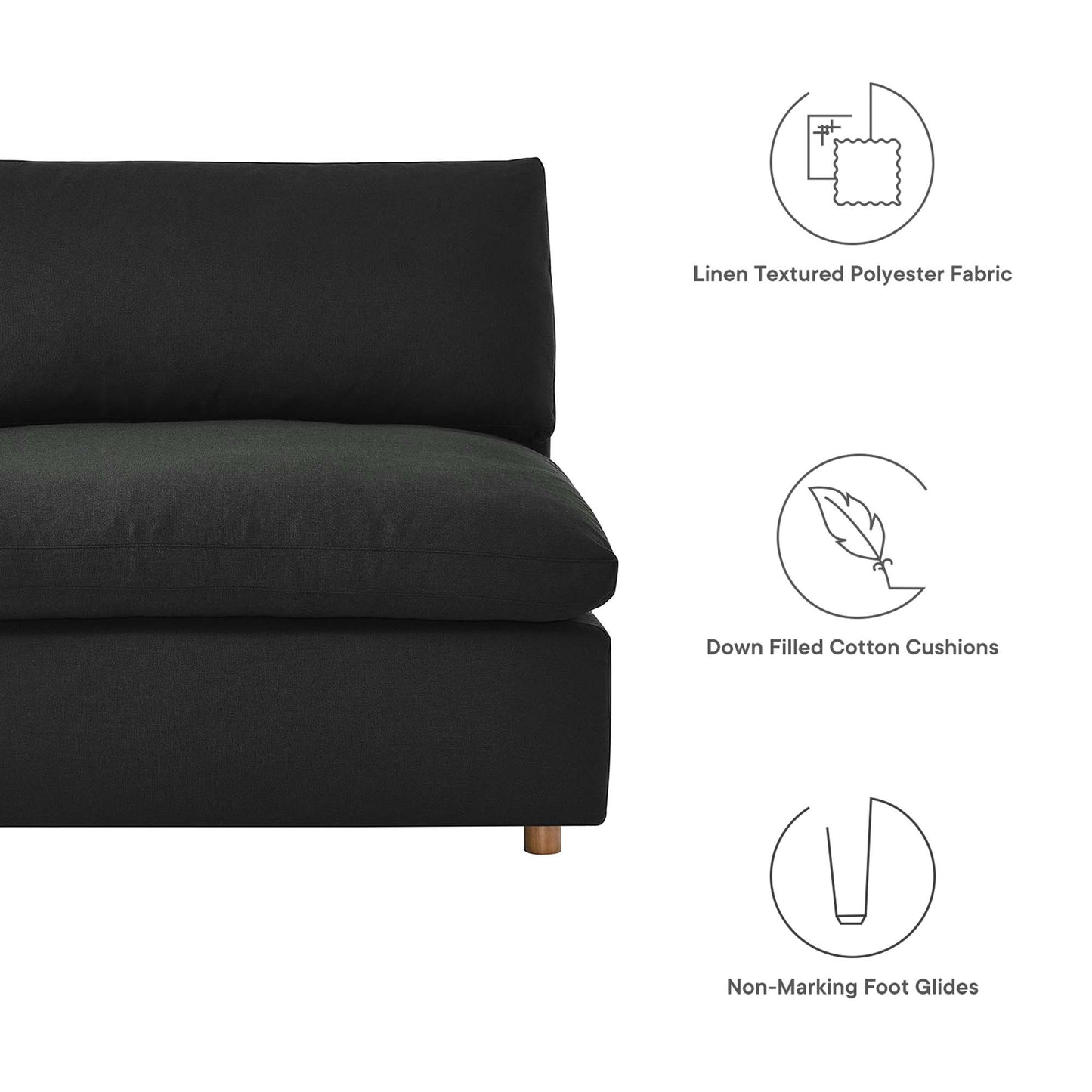 Charcoal black sectional sofa with linen-textured polyester fabric, down-filled cushions, and non-marking foot glides.