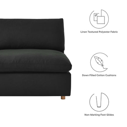 Charcoal black sectional sofa with linen-textured polyester fabric, down-filled cushions, and non-marking foot glides.