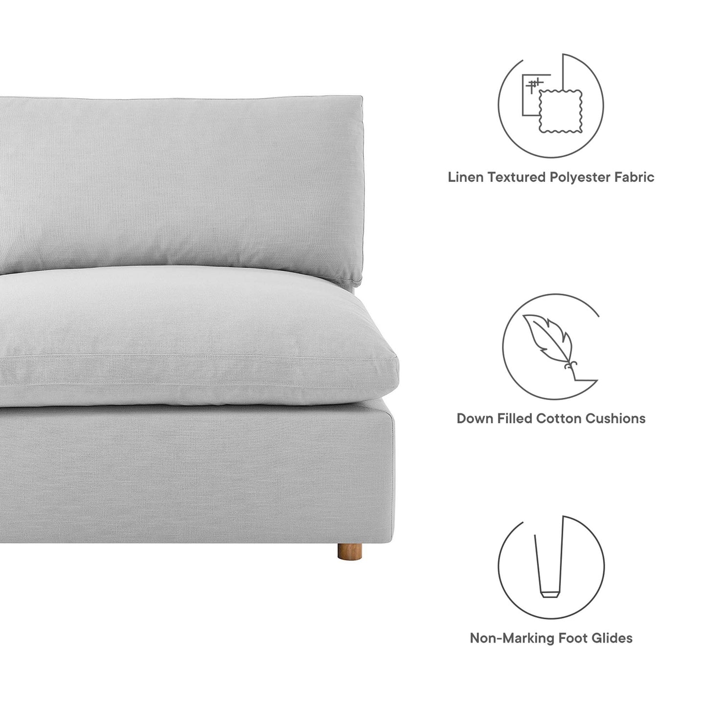 Light gray linen-textured polyester fabric sectional sofa with overstuffed, down-filled cushions and non-marking wooden feet.