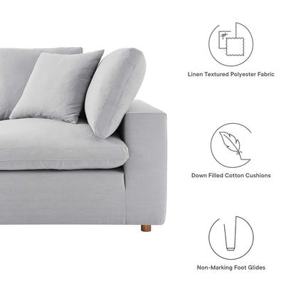 Light gray linen-textured polyester sectional sofa with loose back cushions, down-filled cushions, and non-marking foot glides.