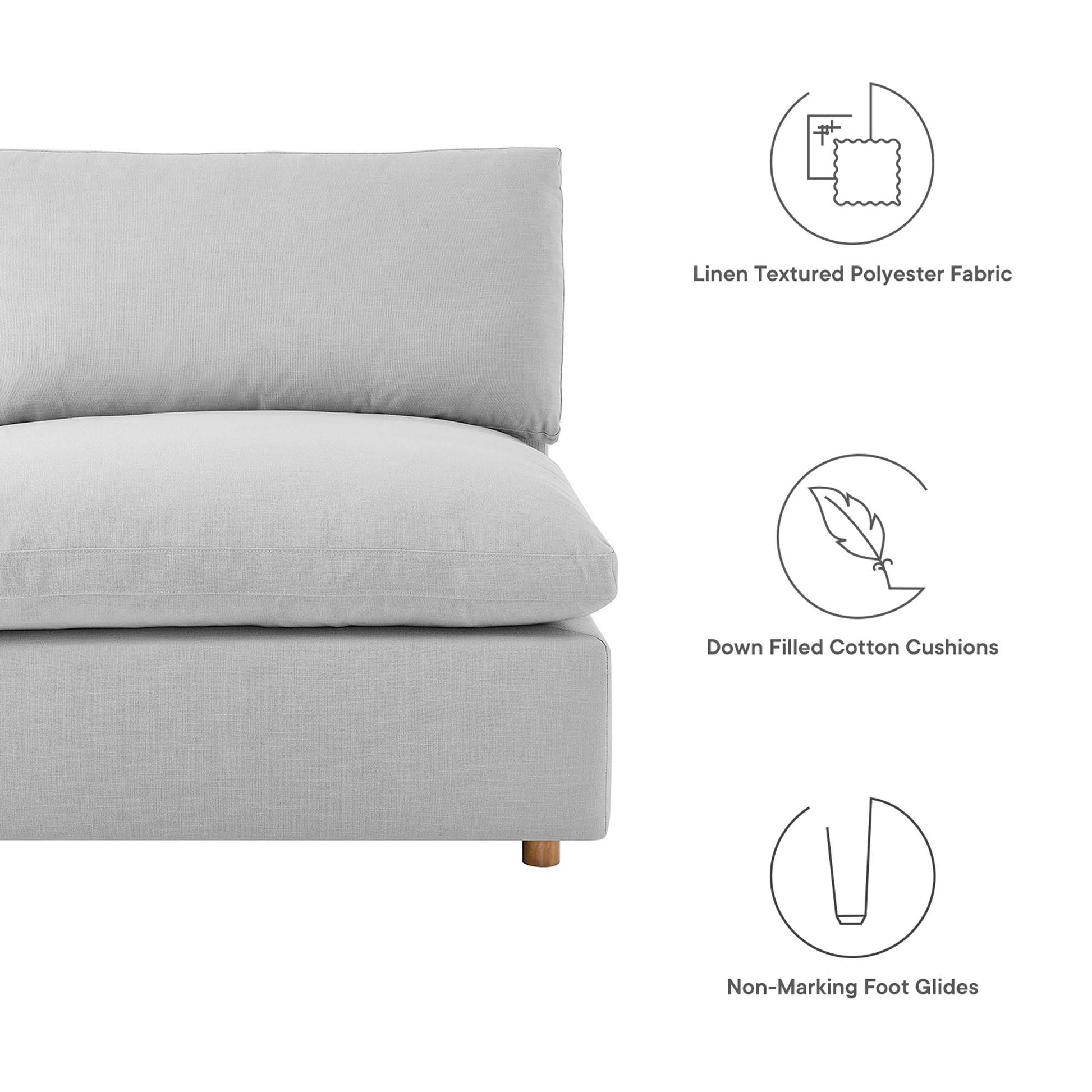 Light gray linen-textured polyester sectional sofa with down-filled cotton cushions and non-marking foot glides.