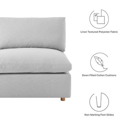 Light gray linen-textured polyester sectional sofa with down-filled cotton cushions and non-marking foot glides.