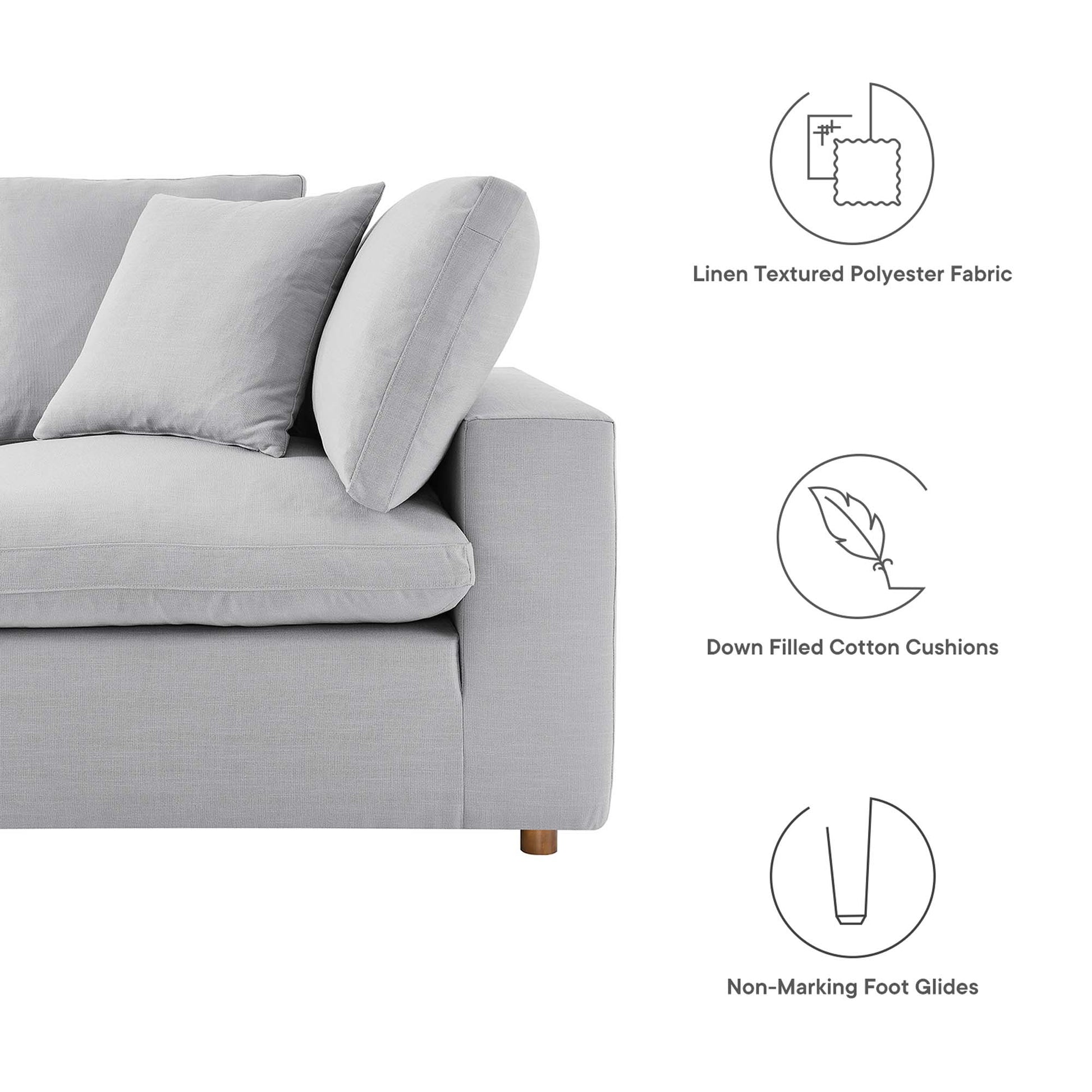 Light gray sectional sofa with plush cushions; linen-textured polyester fabric, down-filled cotton cushions, non-marking foot glides.