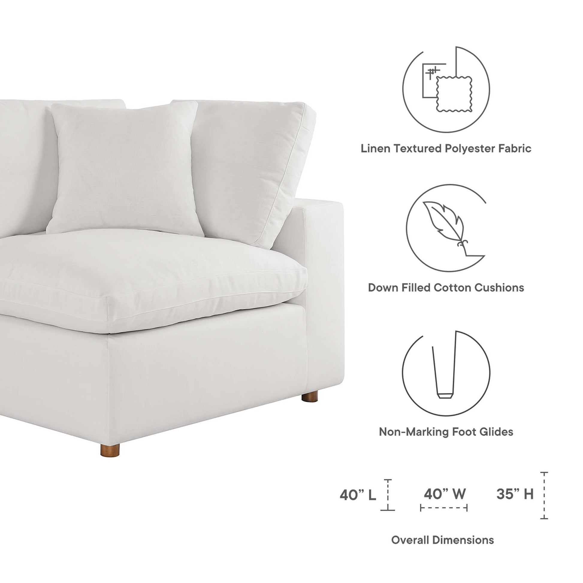 Ivory linen-textured polyester sectional sofa (7-piece) with down-filled overstuffed cushions and non-marking feet; 40" L x 40" W x 35" H.