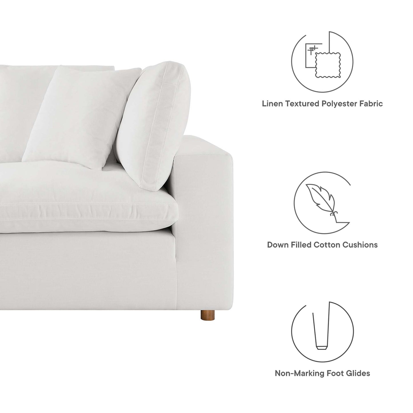 Pure White 7-piece sectional sofa in linen-textured polyester upholstery with down-filled cushions and non-marking foot glides.