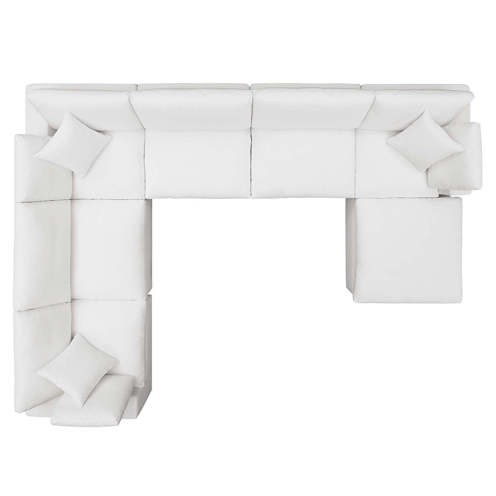 White fabric L-shaped sectional sofa with multiple cushions and chaise, modern cozy seating