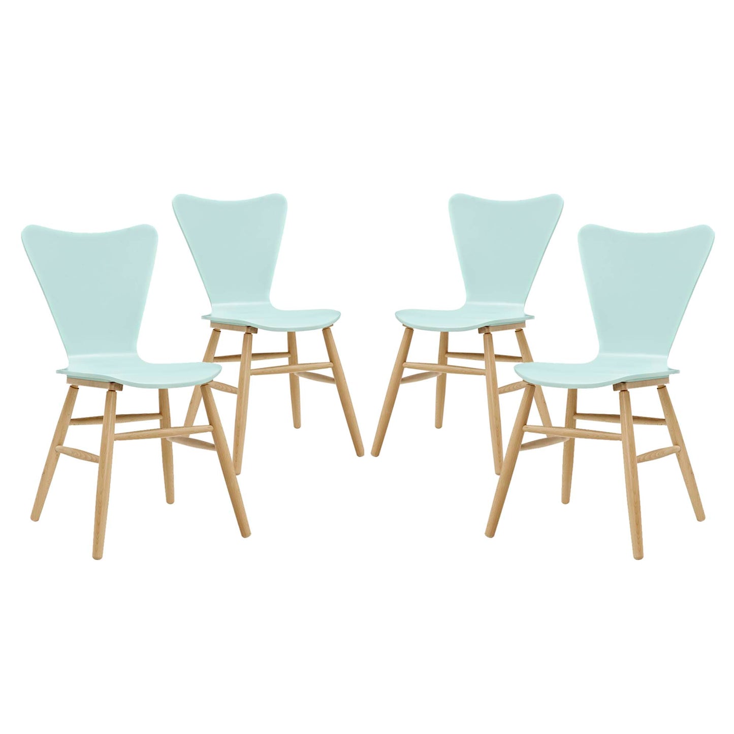 Set of four light aqua molded-plastic shell chairs with natural wood legs in a mid-century style.