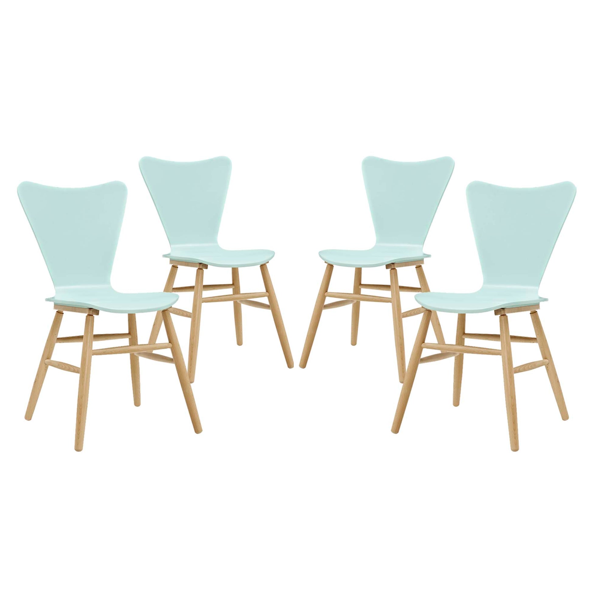 Set of four light aqua molded-plastic shell chairs with natural wood legs in a mid-century style.