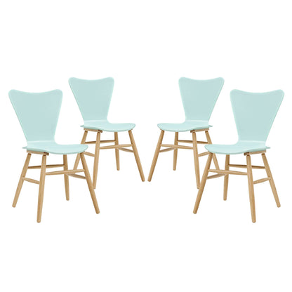 Set of four light aqua molded-plastic shell chairs with natural wood legs in a mid-century style.