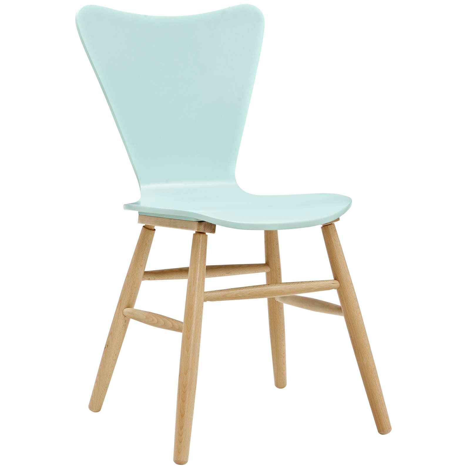 Mint blue curved-back chair with natural wood legs and cross supports.